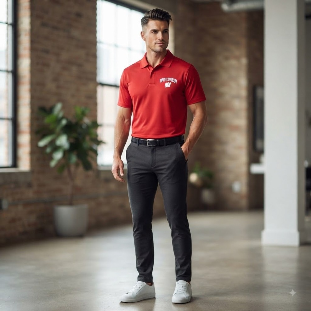 Wisconsin Badgers Logo Polo Shirt Men's Large J2 Sports Red Golf Short Sleeve